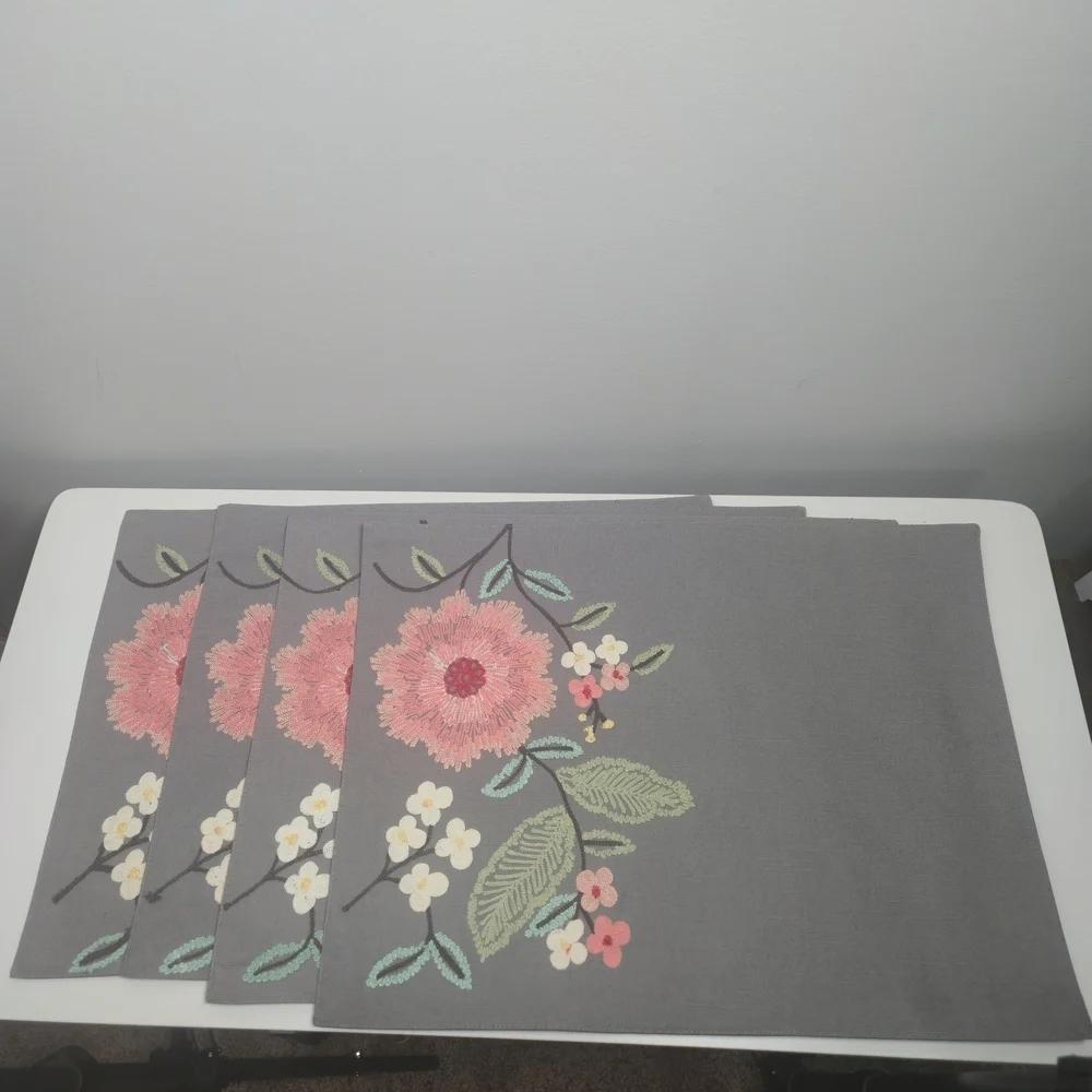 Floral Embroidered Gray Placemats Set Of 4